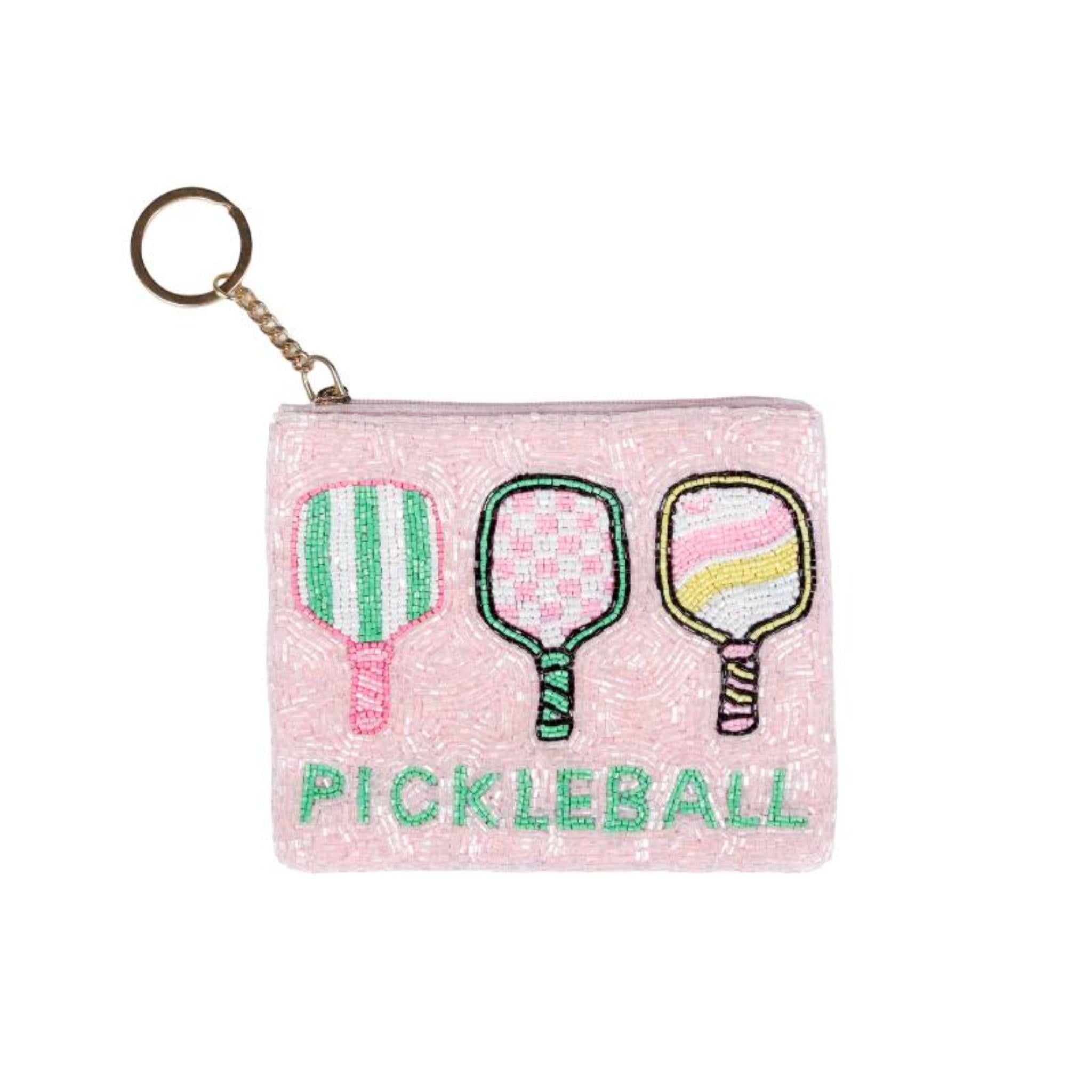 Pink & Multi Pickleball Paddles Beaded Coin Purse with "Pickleball"