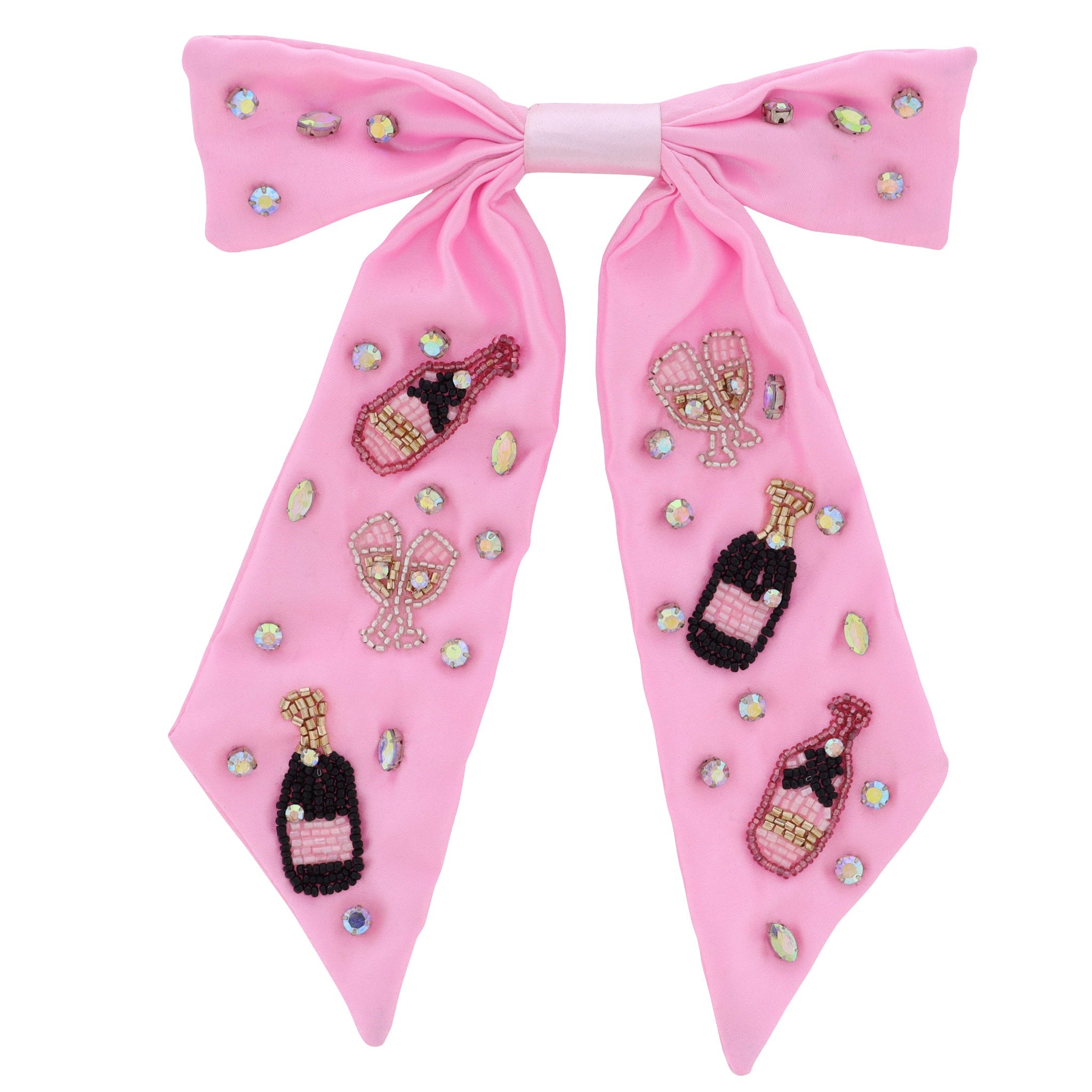 Pink Satin Hair Bow with Beaded Champagne Bottles & Champagne Glasses